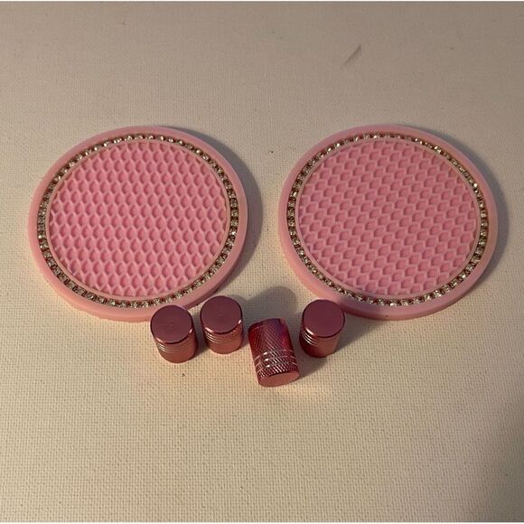Pink Car Cup Holder Coasters with bling and Valve Stem Caps set of 6 NWT - Picture 2 of 4